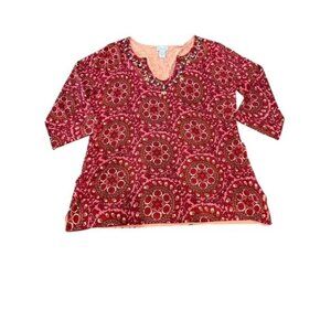 Soft Surroundings Tunic Top Red Medallion Beaded Silk Blend 3/4 Sleeve XL Boho